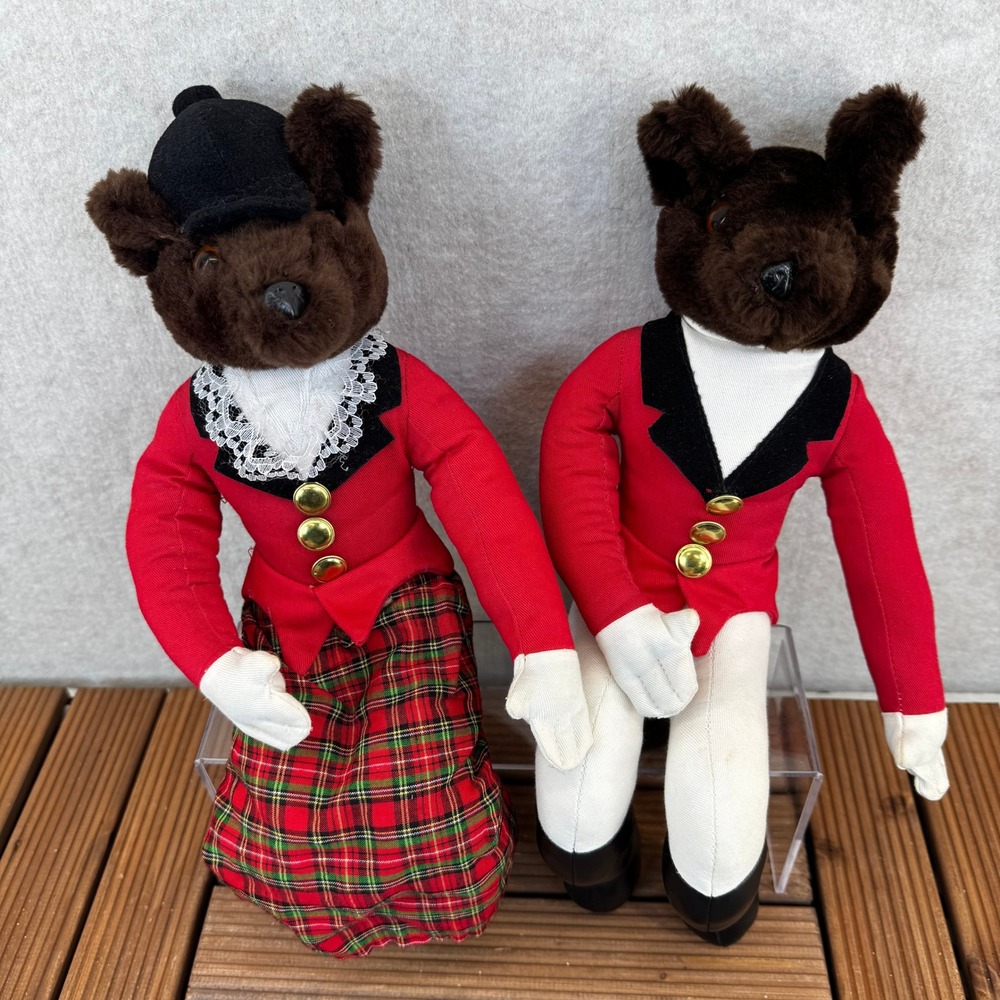 Hanford's Inc Vintage Fox Plush Pair English Equestrian Hunt Red Coat Tartan 15"